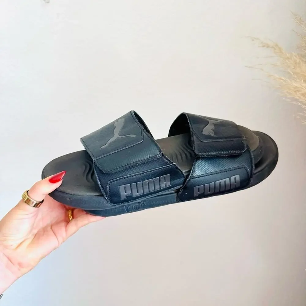 MENS PUMA Black Slip On Hook Loop Adjustable Band Cool Cat $48 Sandals Slides 10